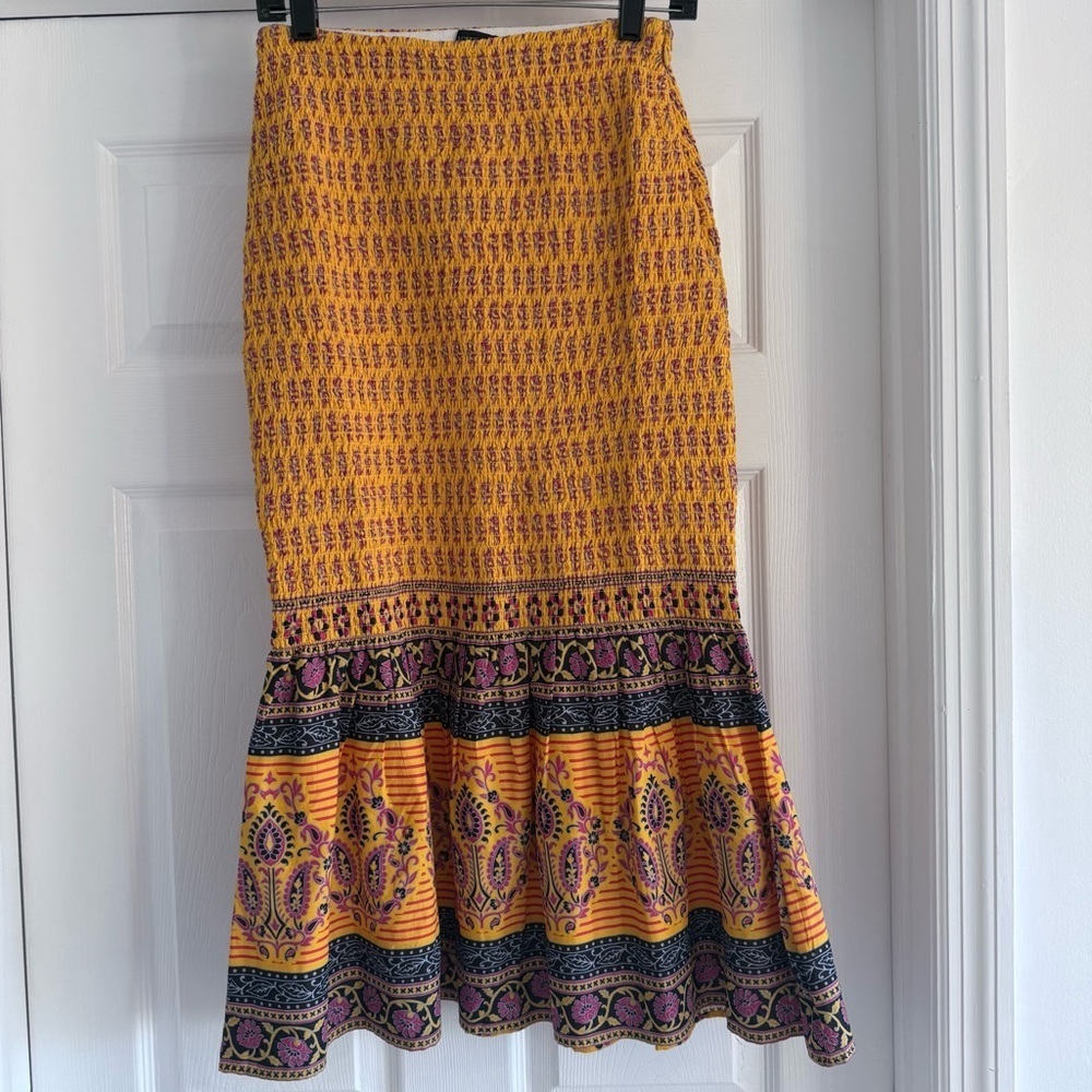 J.CREW Smocked Sunny Yellow Block Print Bodycon Midi Skirt S - Picture 3 of 7